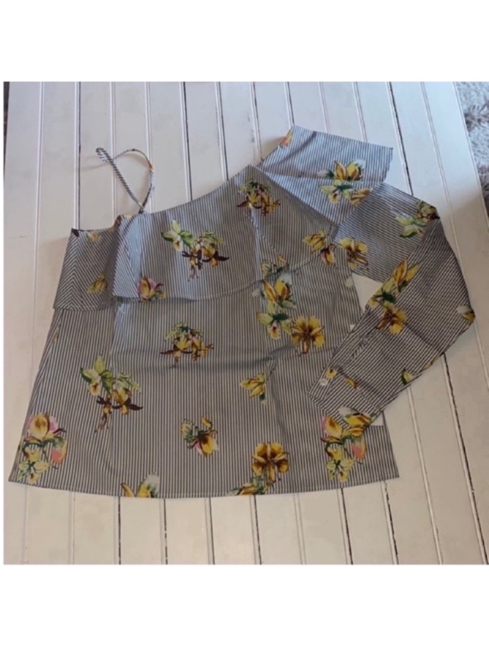 Lumiere Urban Outfitters Top White Blue Stripes Yellow Floral Size S